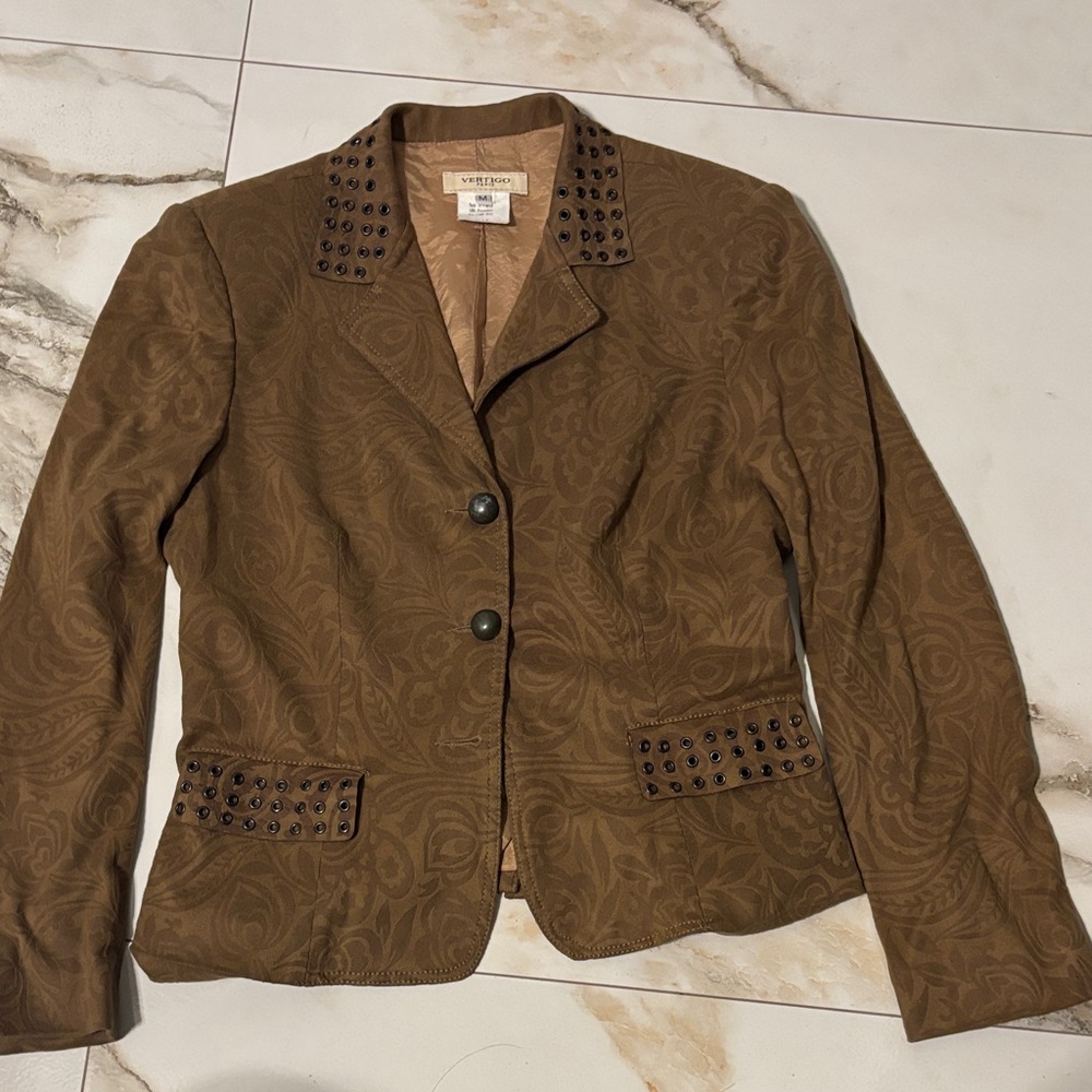 Vertigo Paris Brown Textured Blazer with Stud Accents 
Missing a button